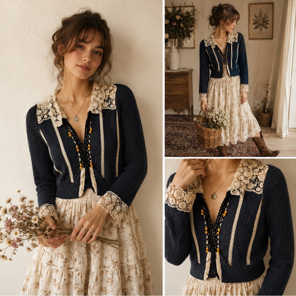 Vintage Guinevere Lace Trim Angora Cashmere Cropped Cardigan Sweater Anthro